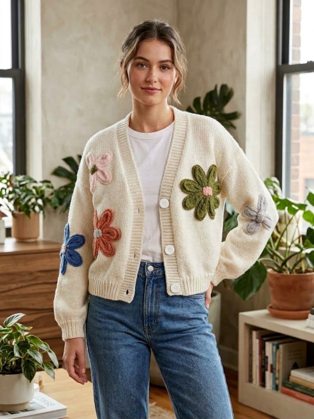 Dreamers by Debut Women's Cream Flower-Appliqué Cardigan Sweater - #300